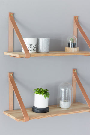 Rubber Wood SHELFIE Shelf With Natural Leather - 30/100